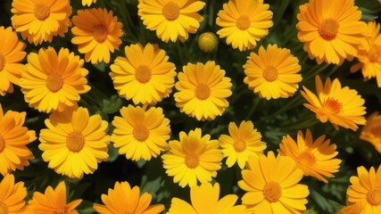 Background of orange calendula flowers. Fresh flowers. Medicinal flowers, plants. marigold background. View from above,