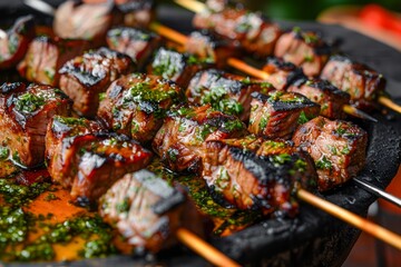 Grilled Beef Skewers Marinated with Herbs and Spices on Barbecue Grill Close-up Appetizing Image