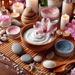 Beautiful spa composition with cosmetic products on wooden table, closeup