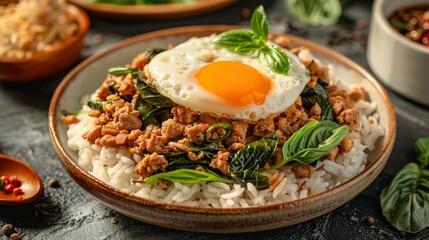 Delicious Stir-fried Minced Pork with Holy Basil on Rice Topped with Sunny Side Up Egg in Ceramic Plate on Dark Table Background