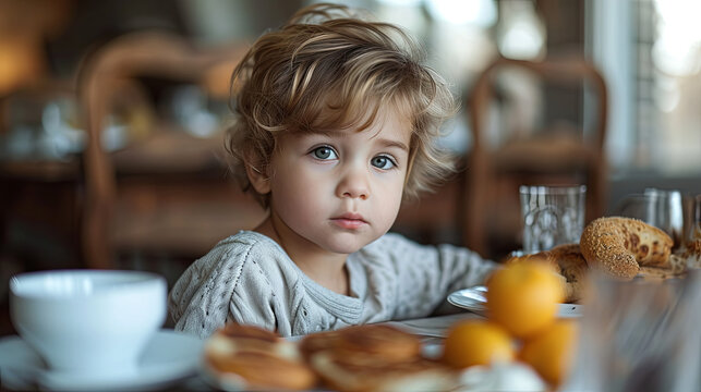 little boy has breakfast in the kitchen