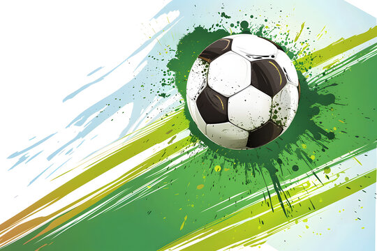 illustration of a soccer ball on a background of colored splashes of spots and stripes in a flat style, space for text
