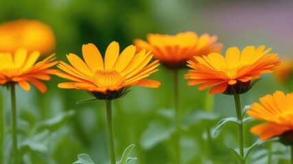Background of orange calendula flowers. Fresh flowers. Medicinal flowers, plants. Calendula background. View from above,