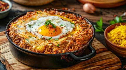 Delicious Traditional Kimchi Fried Rice with Sunny Side Up Egg and Green Onions in Cast Iron Skillet on Wooden Table