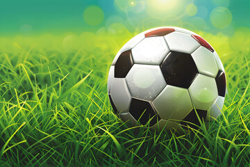 Naklejka premium illustration of a football ball on a background of lawn and sky, background image with place for text