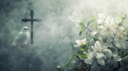 Canvas Unfolds, Adorned with the Sacred Symbolism of a Cross, the Gentle Presence of a White Dove, and the Fragrant Essence of white flowers