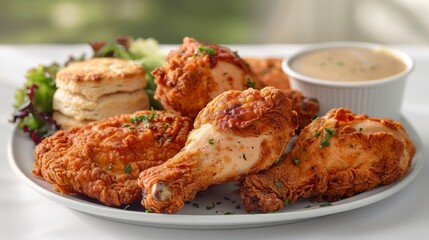 Delicious Crispy Fried Chicken Drumsticks with Biscuits and Gravy on White Plate, Elegant Table Setting, Comfort Food Concept