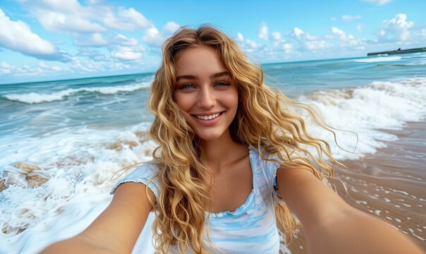 Young woman at the beach taking a selfie picture doing the thumbs up gesture, during summer with beautiful sea in background