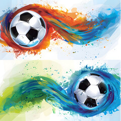 illustration of soccer balls in orange blue and green waves and splashes, on a white background with space for text, abstract background illustration