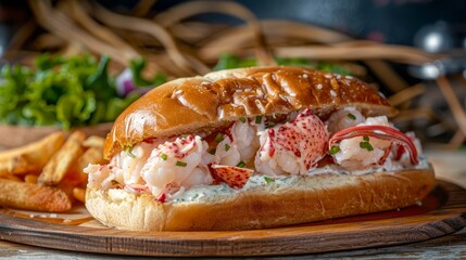 Gourmet Lobster Roll Sandwich on Wooden Plate with Fresh Salad and French Fries