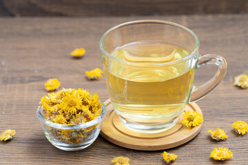 Chrysanthemum tea, yellow water with a fragrant aroma. Made from dried chrysanthemum flowers,...