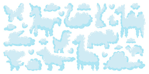 Different animals cloud shapes floating in sky, blue child pattern for greeting card isolated set
