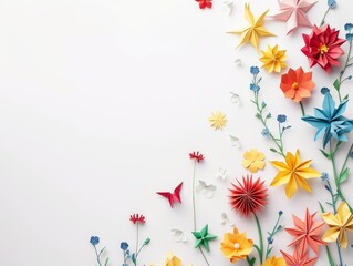 Origami, colorful meadow flowers on white background, empty space, copy space