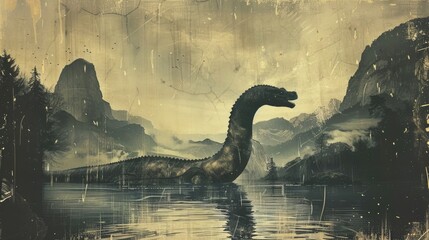 Old retro photo of loch ness creature. Underwater monster swim in lake. Vintage illustration art. Scary mysterious nessie dinosaur. Unreal myth animal. Legend of lochness reptile.
