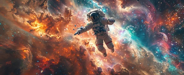 Fototapeten An astronaut with jetpack hands drifts dangerously close to a fiery space anomaly, indicating risk and the unknown © Fxquadro