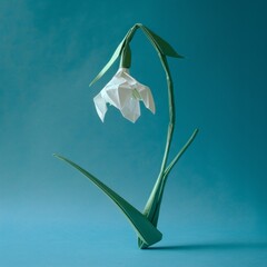 Origami, cute snowdrop flower made from paper on blue background