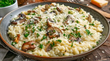 Creamy Mushroom Risotto in Rustic Ceramic Plate on Wooden Table Sprinkled with Parmesan and Parsley