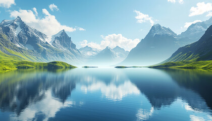 Fototapeta premium Surreal landscape captures the power of imagination - with mountains defying gravity above a tranquil lake's mirror-like surface - wide format