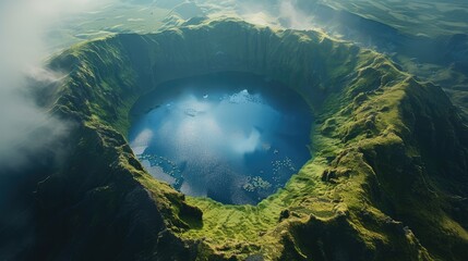 Aerial View of a Crater Lake Surrounded by Verdant Cliffs.