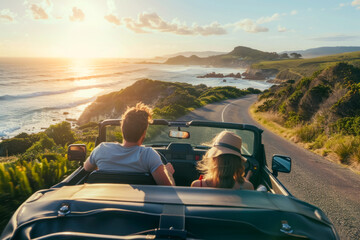 Road Trip Adventure: Couple in Convertible Watching Sunset on Coastal Drive - obrazy, fototapety, plakaty