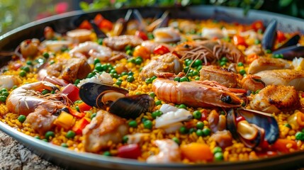 Traditional Spanish Paella with Seafood, Chicken, and Mixed Vegetables in a Large Cooking Pan, Vibrant Dish Served Outdoors