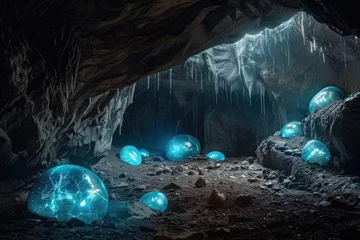 Fotobehang An underground cave system illuminated by bioluminescent insects hiding ancient dragon eggs © AI Farm
