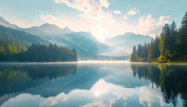 A landscape where mountains float above a serene lake - wide format