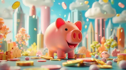 Obraz premium A vibrant 3D cartoon animation of a piggy bank journeying through various investment landscapes, accumulating coins