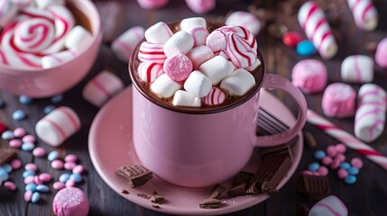 Cozy hot chocolate with marshmallows in a pink cup, perfect for winter warmth. ideal for dessert menus or sweet tooth cravings. styled food photography with a homely feel. AI