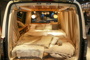 Obraz na płótnie Canvas Cozy Van Life Interior with Comfortable Bed and Warm Lighting