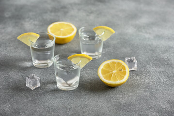 Cold vodka in a shot glass with ice cubes and lemon slices on a gray background. Side view, selective focus, copy space. - 755630173