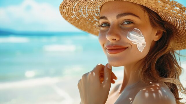 Gorgeous hat-wearing young ladies at the beach putting moisturizer on their skin against a blurry backdrop for text, Generative AI.