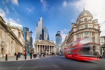 Long exposure view of the City of London, England, with street traffic and the modern office...