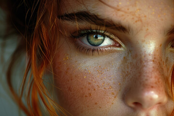 Captivating Close-up of a Woman's Face Highlighting Her Green Eyes and Freckles