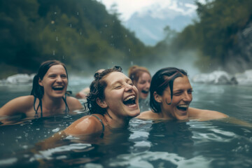 Joyous Friends Laughing Together in a Misty Natural Hot Spring with Mountain Backdrop - obrazy, fototapety, plakaty