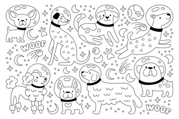 Cute space dog astronauts, funny puppy cosmonauts in spacesuit and helmet outline graphic set