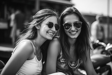 Two women are smiling and wearing sunglasses. They are sitting on a motorcycle. Scene is happy and relaxed