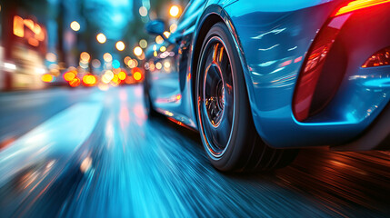 back rear wheel of fast moving car with motion blur close-up. Luxury sports car in the city at night - obrazy, fototapety, plakaty
