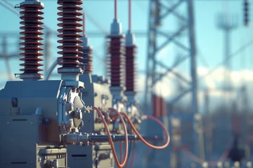 Foto op Canvas Electric substation with switchgear transmission transformers AI Generative © ungvar