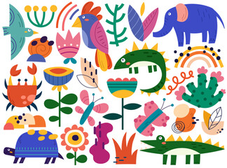 Fototapeta premium Hand drawn doodle animals with flowers decorative design elements vector illustration isolated set