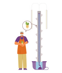Farmer holding seedling near aeroponic tower for crop production flat vector illustration. Aeroponic tower system inside.