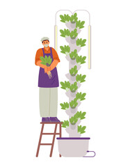 Farmer holding harvest near aeroponic tower flat vector illustration isolated on white.