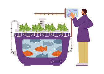 Farmer monitoring process near aquaponic tank for crop production flat vector illustration isolated on white.