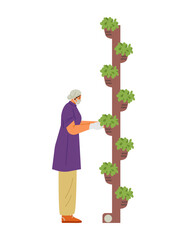 Woman working on vertical farm flat vector illustration isolated on white.