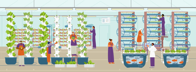 Vertical farm with workers flat vector illustration. Greenhouse with different equipment for crop production aeroponic towers, hydroponics and aquaponic.