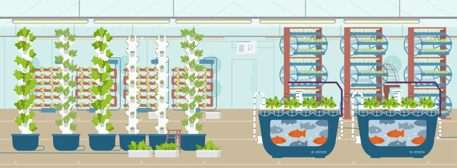 Vertical farm flat vector illustration. Greenhouse with different equipment for crop production aeroponic towers; hydroponics and aquaponic.