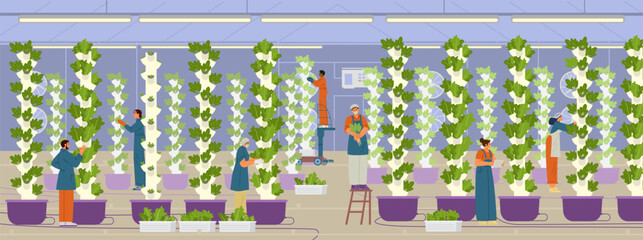 Vertical farm with workers flat vector illustration. Greenhouse with aeroponic towers for crop production and farmers.