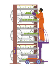 African American worker on vertical farm standing on a lift flat vector illustration isolated on white. 