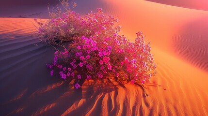 Vibrant Pink Flowers Blooming on Orange Sand Dunes at Sunset.