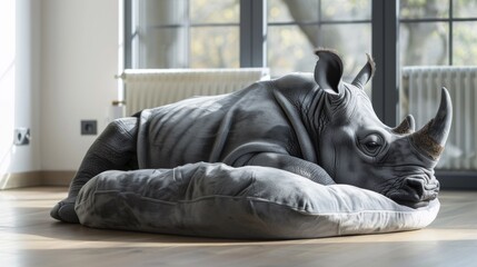 A rhino laying on a pillow in front of large windows, AI